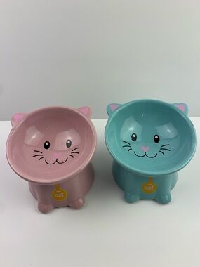 Nice Paws Ceramic Tilted & Raised Cat Bowls Lot Of 2 Pink Blue